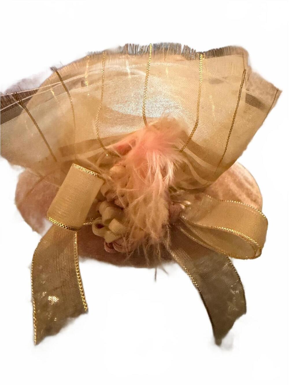 Vintage Doll Pincushion Hat Pin Holder Pink Velvet Ribbon Feather Boudoir Decor